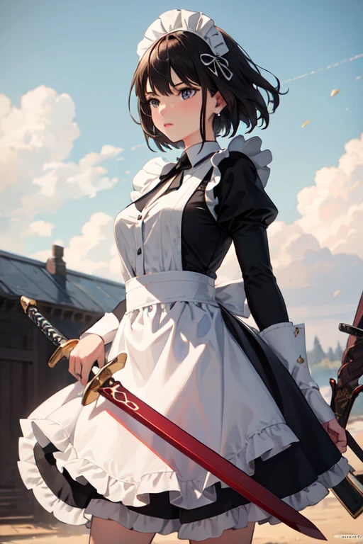 ((Highest quality)), ((masterpiece)), ((detailed)), One girl, A girl in a maid outfit is fighting with a sword to protect her master, Burning Battlefield, wilderness, Large Sword, Western sword, Long sword, Small breasts