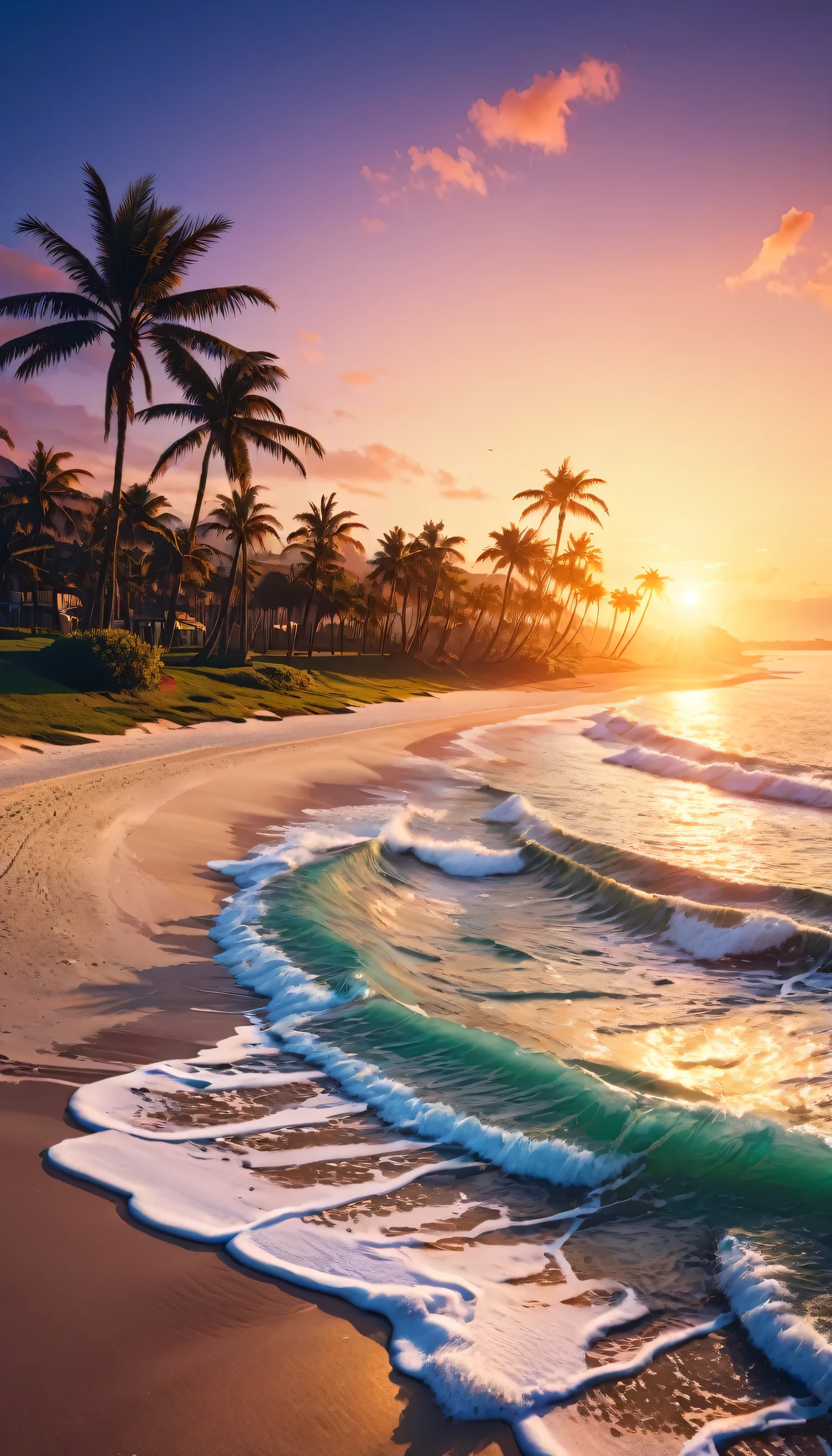 sea coast, palm trees, sand, sunset 8k