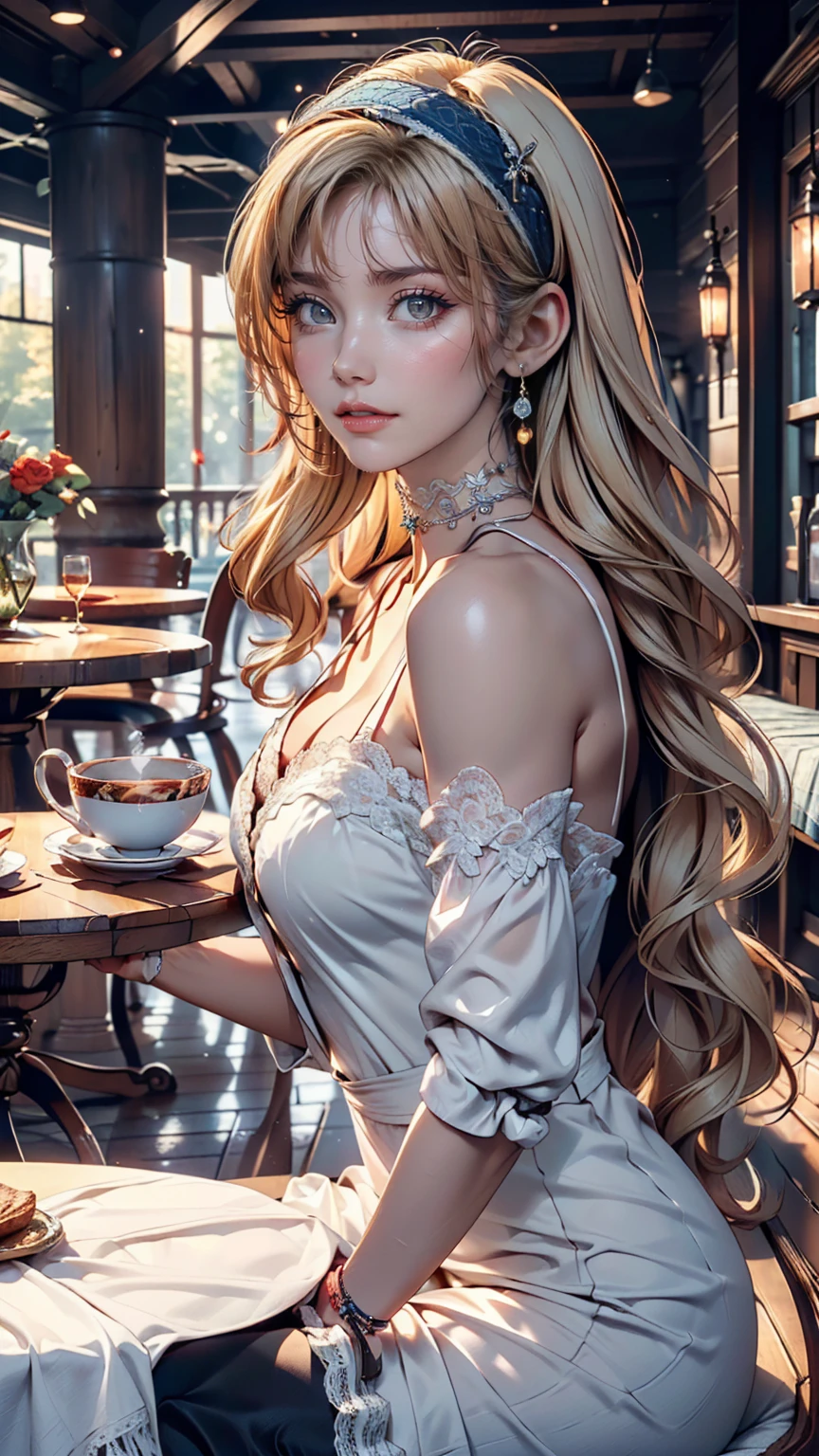 (8K, RAW Photos, Highest quality, masterpiece:1.2), (Realistic, photo-Realistic:1.37)、Venus Body、Having her hair done、 chest is popping out、Wear accessories on your wrist、Wearing accessories on the ankle、Background blur((depth of field)、smile、White women、Platinum Blonde、Dark blue eyes、Erotic proportions、Vertical roll on one side((side drill))、Wear a lace-embellished one-shoulder dress、Wear mules、smile、Headband((hairband))、Wear a lace choker、Colored eyelashes((colored eyelashes))、Sitting at a round table with a white tablecloth, drinking tea、Lavish interior
