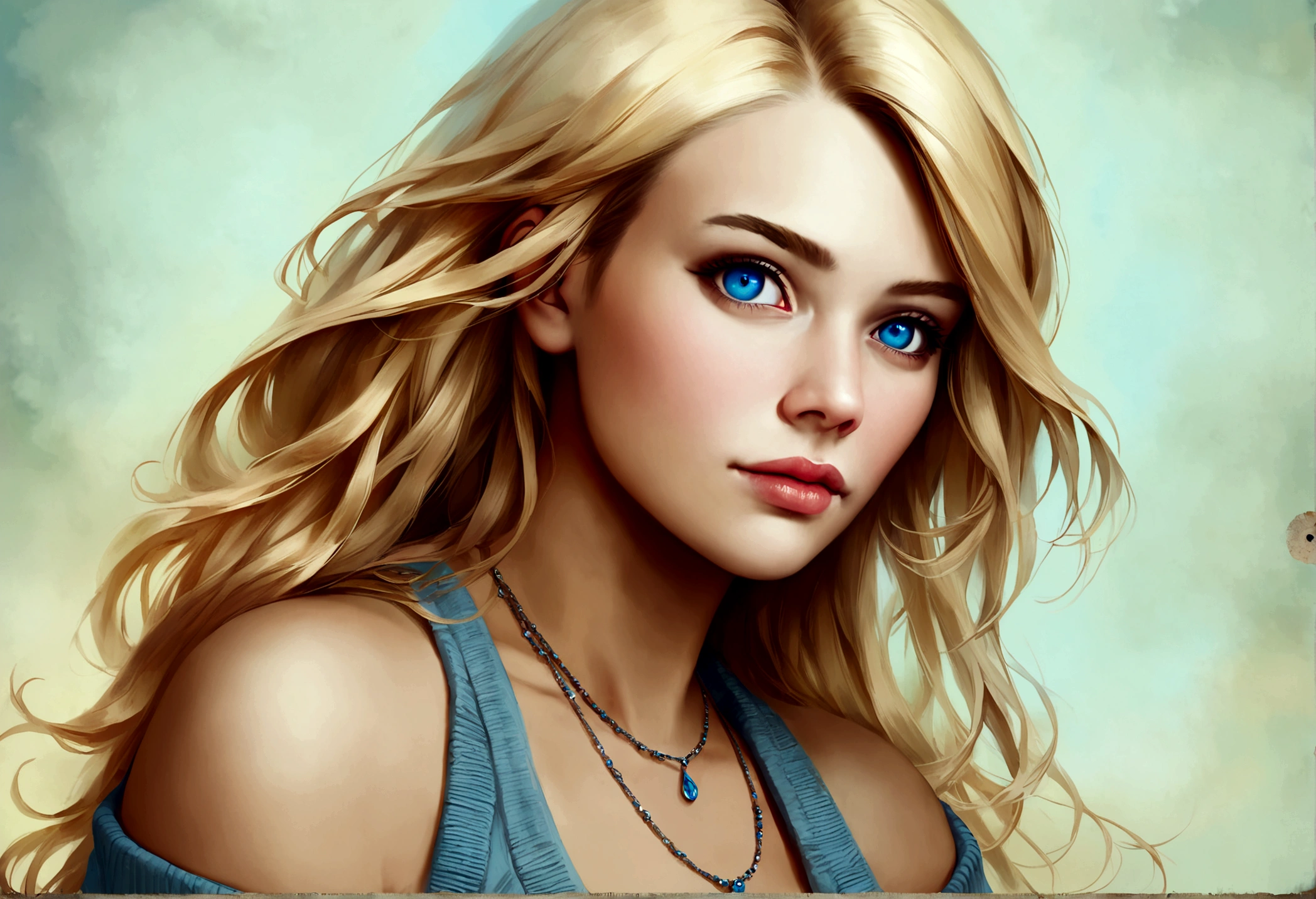 1girl in, age 23, Solo, Long hair, Colossal , Looking at Viewer, blondehair, Bare shoulders, Blue eyes, jewely, Full body, a necklace, off shoulders, Sweaters, Realistic, pretty face, realistic