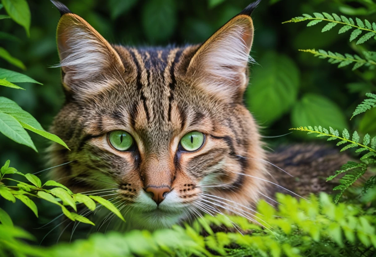 a detailed photograph of wildlife, a wild forest cat, a wild forest cat hides among the dense foliage, the body of a wild forest cat is hidden in dense foliage, only its head with expressive green eyes is visible, a wild forest cat closely follows the viewer with a slight squint of the eyes, the photo clearly shows the muzzle of a wild forest cat and its fur, Canon EOS R5 with Canon RF 100-500mm F4.5-7.1L IS USM lens, 500 mm, 1/500sec., f/7.1 and ISO 1000