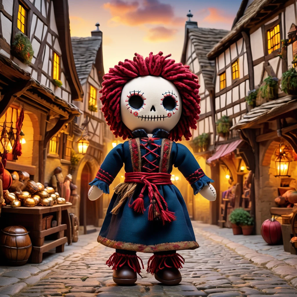 (knitted toy voodoo doll:1.5), (Voodoo Doll in a Medieval Town:1.3), (Clothing: townsperson attire with rustic patterns:1.0), (Accessories: enchanted market stall emitting warm light, floating trade goods:1.1), (background: bustling medieval town with cobblestone streets, half-timbered houses, and lively marketplaces:1.2), best quality, masterpiece, detailed soft oil painting, detailed background, dramatic cinematic lighting, soft edge lighting, professional, dramatic lighting, hard edge lighting, ultra quality, 4k,masterpiece, best quality, 8k, ultra highres, highres, extremely detailed