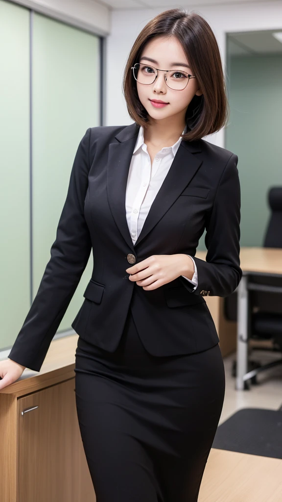 girl 23-year-old Hairstyle Casual, with glasses wearing secretary suit at office