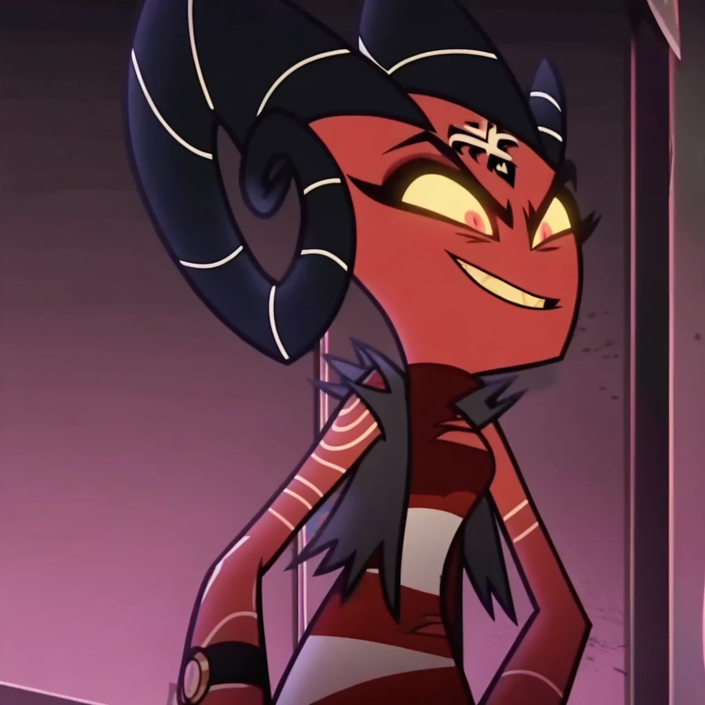 barbie wire, smile, happy, 1girl, demon girl, red skin, forehead tattoo, arm tattoos, horns, striped dress, leather jacket, screencap, front facing view 