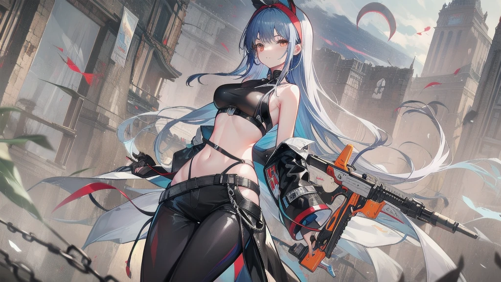 NSFM1.9. Showing Off Her 、naked、Show me that place、Touch there with your left hand、
One girl, top quality、masterpiece、Arc Records characters、Ariel、Wearing black pants、I can see her thighs、The belly button is visible、Wearing a black leather jacket、One Girl、Blue Hair、long hair、He has a gun in his right hand、
