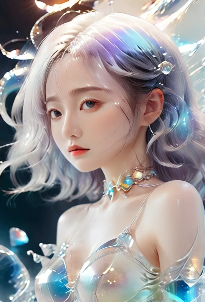 Painting of a beautiful young woman, full body, poses,jewelry,Mysterious Waves. 3d. white,shallow. The beauty of the fusion of the universe. Surrealism in Nebula Reflections. glass texture,translucent,crystal