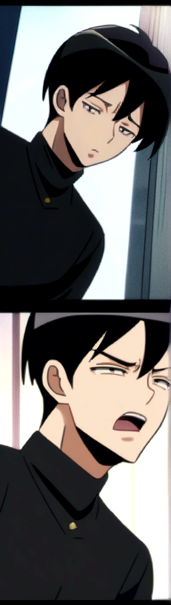 I want a man wearing a black scarf that reaches his jaw and the end of his mouth. Black hair that reaches his neck and wearing a black shirt with his hand turned to the left, anime style.