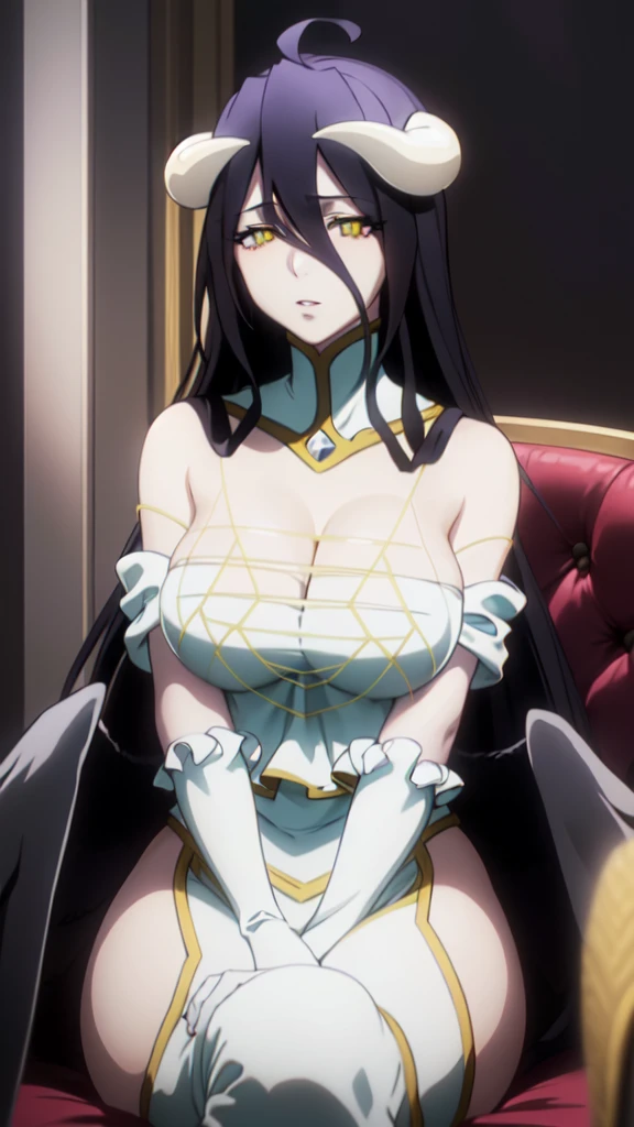 (masterpiece:1.6, best quality:1.4, real picture:1.2, intricate details:1.2), Albedo, 1girl, dark hair, red eyes, big lips, lip gloss, long hair, medium breasts, bare shoulders, hourglass figure, (narrow waist), thick thighs, thick ass, defined stomach, sexy pouty lips, cleavage, vampire girl, white latex micro bikini, sexy thight micro panties, detailed face and eyes, black pantyhose, black gloves, seductive pose, royal room, viewer from below, pov from below, girl sitting on a red throne.