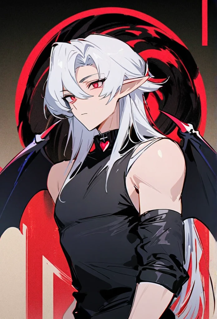 (arte anime, work of art, best qualityer, 4K, Icon), Tall and Very Handsome Elf Boy, Short White Hair, Stellar Red Eyes, Cute Bat Wings Behind the Back in Pink, Fitted Body Blouse with Sleeveless Roll Collar in Black with Red Outline Zipper from Top to Bottom, Black Heart Choker, Black Sweatshirt Over Loose Elbow Length, Red Glitch Distorted Reality Background, masculine, elf boy, handsome male, highlight in the eyes, super verbose.