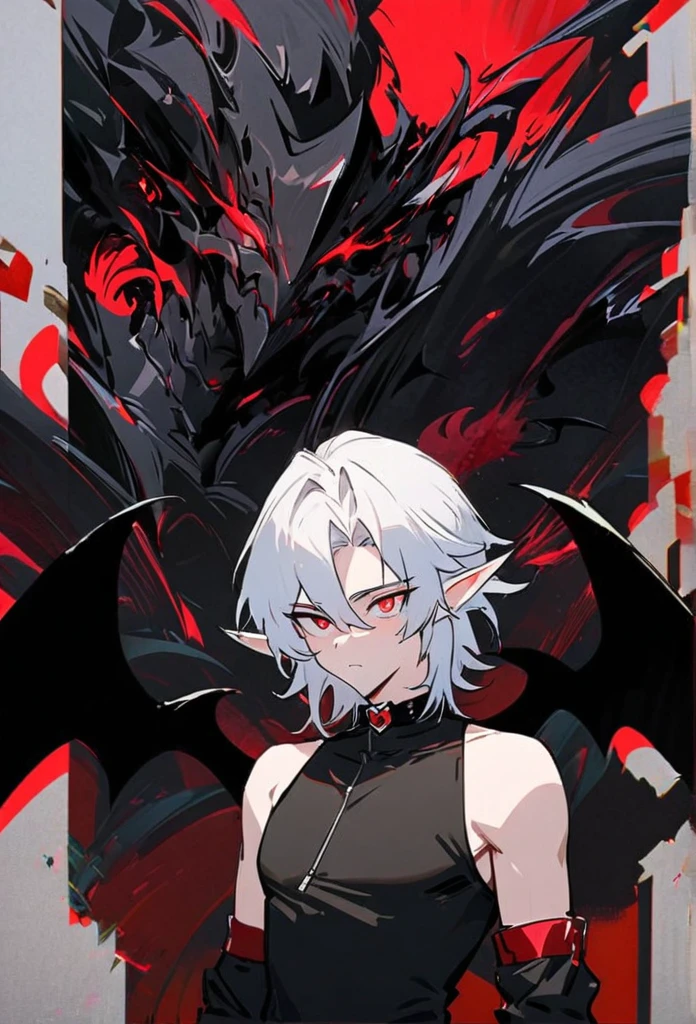 (arte anime, work of art, best qualityer, 4K, Icon), Tall and Very Handsome Elf Boy, Short White Hair, Stellar Red Eyes, Cute Bat Wings Behind the Back in Pink, Fitted Body Blouse with Sleeveless Roll Collar in Black with Red Outline Zipper from Top to Bottom, Black Heart Choker, Black Sweatshirt Over Loose Elbow Length, Red Glitch Distorted Reality Background, masculine, elf boy, handsome male, highlight in the eyes, super verbose.