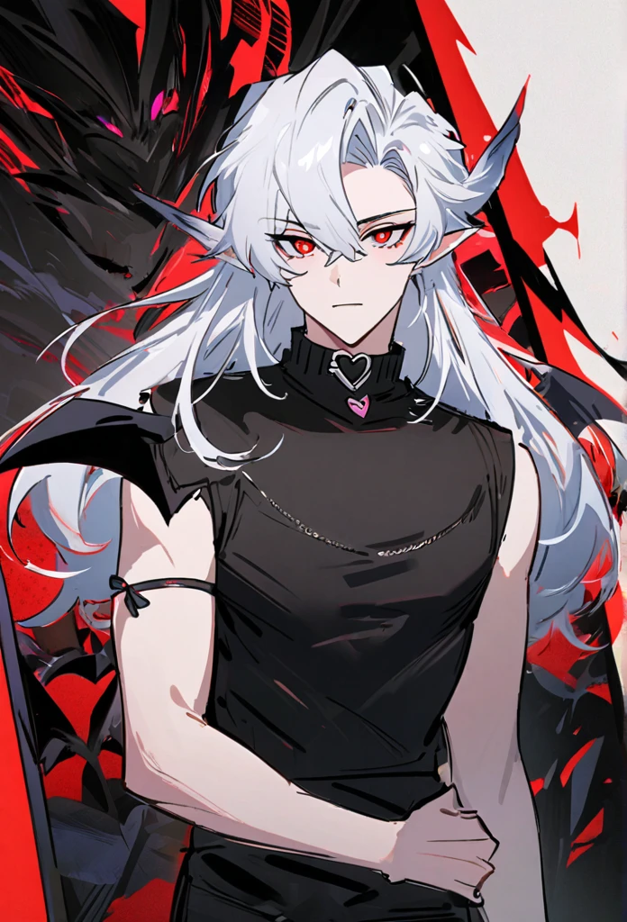 (arte anime, work of art, best qualityer, 4K, Icon), Tall and Very Handsome Elf Boy, Short White Hair, Stellar Red Eyes, Cute Bat Wings Behind the Back in Pink, Fitted Body Blouse with Sleeveless Roll Collar in Black with Red Outline Zipper from Top to Bottom, Black Heart Choker, Black Sweatshirt Over Loose Elbow Length, Red Glitch Distorted Reality Background, masculine, elf boy, handsome male, highlight in the eyes, super verbose.