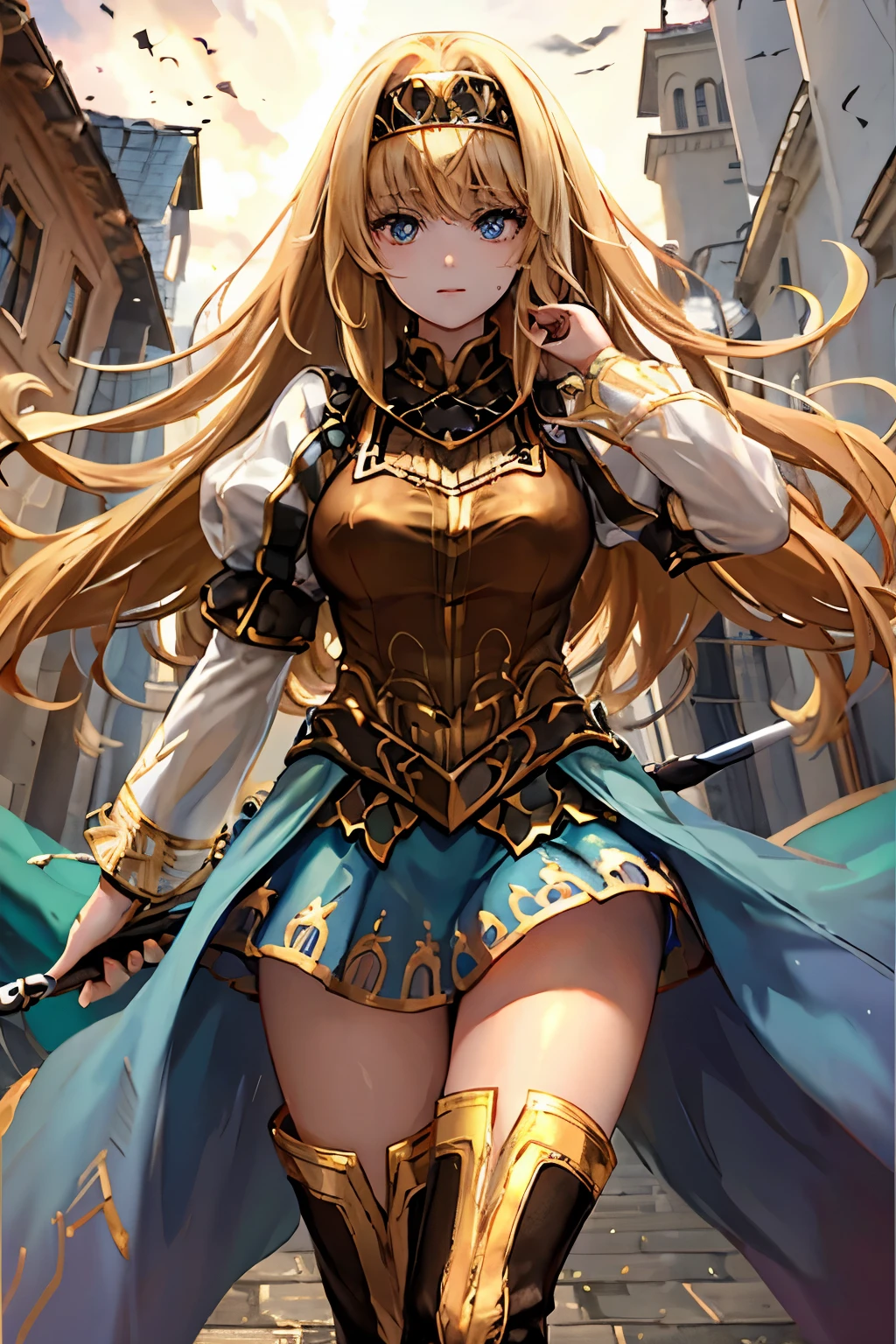 （（（ＳＦＷ、sound、Highest quality、first-clasasterpiece、Normal body、8K、Detailed face、Ultra-precision、Normal hand、Normal finger、５Finger、Highest）））、beautiful girl、Golden blonde;1.4、slender、low length、thin feet、Alisha、Valkyrie Profile、Thin sword、Rapier、thrust、Fleeting