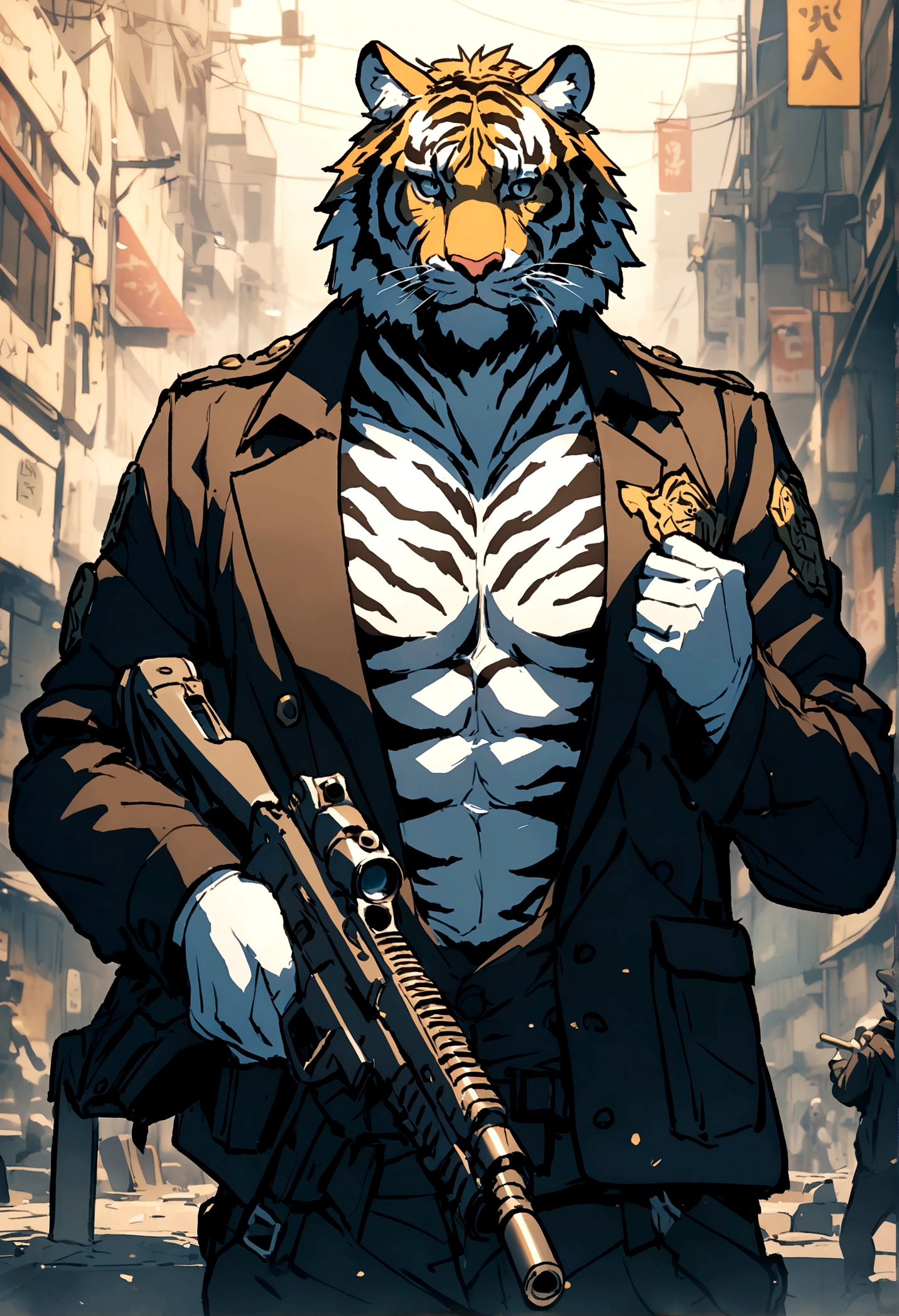 Killer tiger with a gun and a sign that says trafalgar on his chest