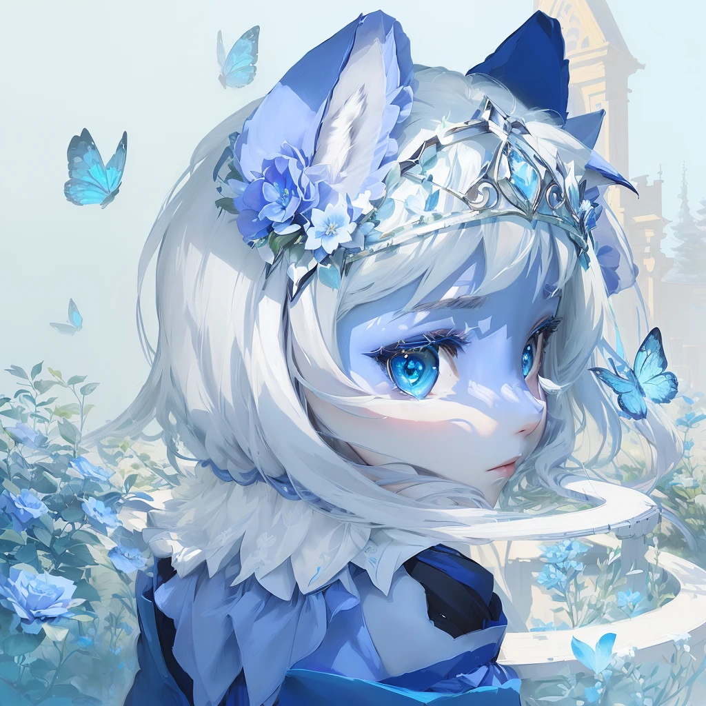Wearing a tiara in the garden、Anime girl in blue dress, Fox wearing a tiara, Crown of blue flowers, Detailed fan art, fursona art, an anime portrait of Cherno, Very very beautiful furry art, Lovely and detailed digital art, Zerochan art, digital art on Pixif, Pixif contest winner, Pixif, Cherno, Blue headdress