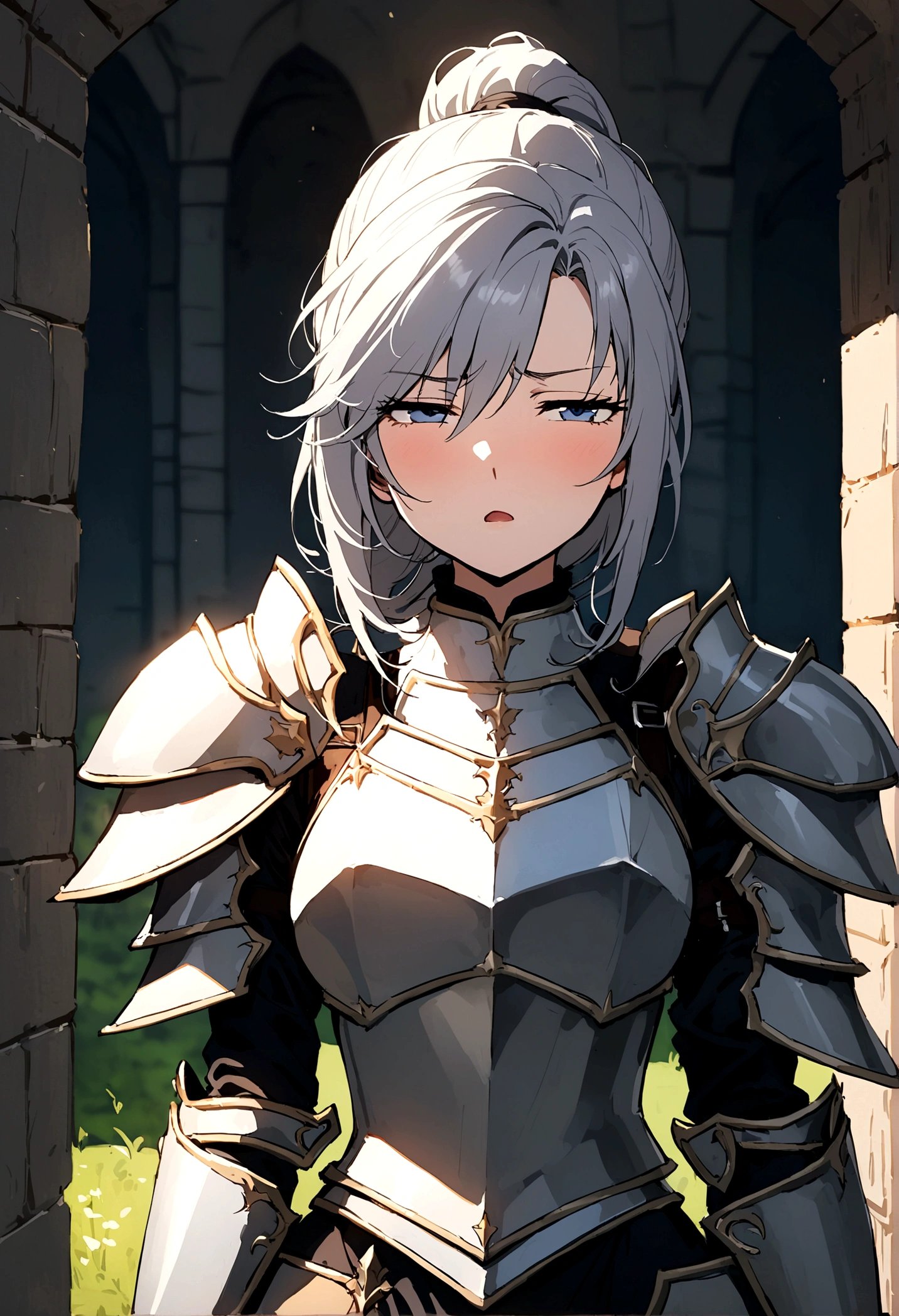 Beautiful girl knight in armor, Gray Hair, tsurime, fantastic, Face your body forward like a certificate photo, shoot from front, Ponytail, Armor Girl, beautiful female knight, Female Paladin, pale blue eyes, narrowed eyes squint, Talking mouth