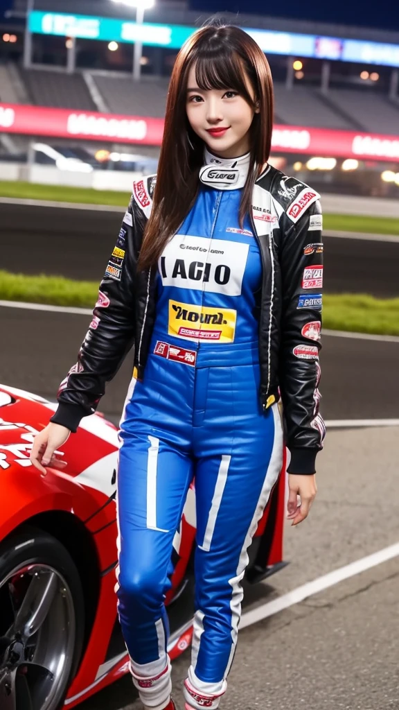  girl 18-year-old Hairstyle Casual,  wearing racing suit on race track at night