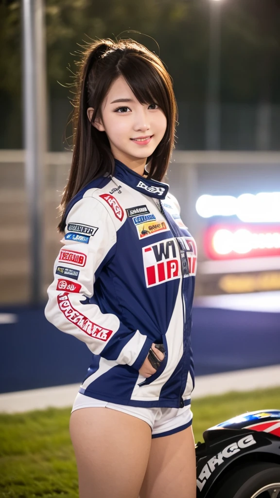 girl 18-year-old Hairstyle Casual, wearing racing suit on race track at night