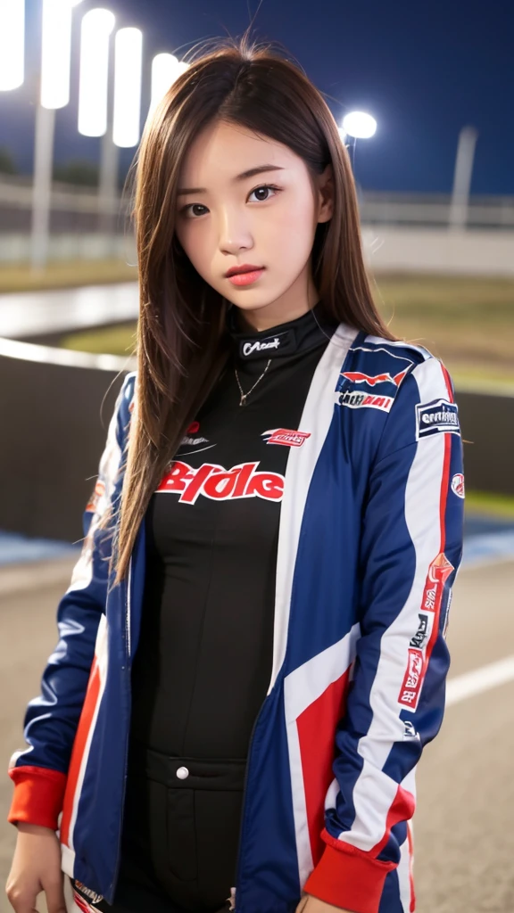  girl 18-year-old Hairstyle Casual,  wearing racing suit on race track at night