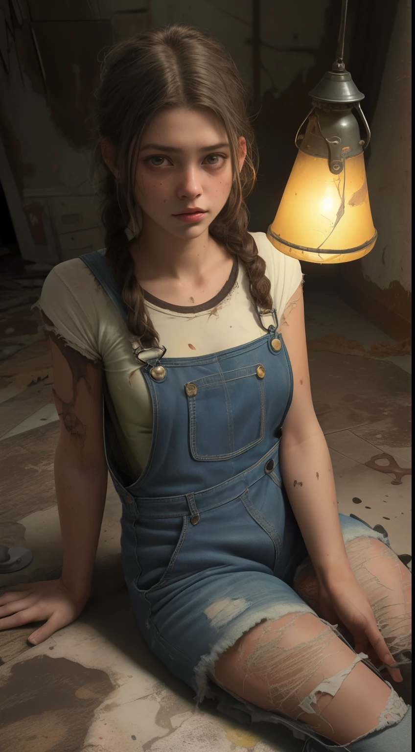 Foto no escuro de 1 Garota de 18 anos (( Dressed in torn and fallen overalls)),em um filme de terror apavorada ,brunette hair braids transparent dress ripped dirty, seios grandes,pele ferida, with a lamp in the dark (( sitting on the dirty floor full of rats )), The Dark of a Basement,8K Ultra realista