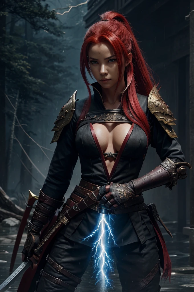 Fantasy type art , female character with 2 katanas on each hand. Surrounding should be chaos with blaze and rainfalls (highly detailed) . Character height 5.7 , good physique and red hair with good lightning and ambient effects.