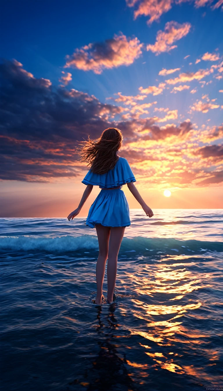 sunset:1.5、Girl Standing on the Cape、Images with the sea and sky as the center:1.5、Summer sky,Realistic,Very realistic,Extreme Detail,Breathtakingly realistic,High contrast realism,High Saturation Realism,Vibrant colors,Dramatic lighting,Fascinating landscape,Persuasive storytelling,Atmospheric scenery,Captivating visuals,Intricate details,Strong emotions,Heavenly Beauty,A dreamlike world、scattered clouds