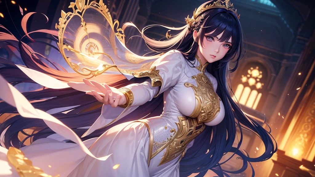 1girl, anime style, beautiful detailed eyes, beautiful detailed lips, extremely detailed face, long eyelashes, beautiful intricate hair, elegant pose, gorgeous detailed dress, Honor of kings video game, dynamic action scene, cinematic lighting, dramatic shadows, vibrant colors, digital art, hyperrealistic, 8k, highest quality, masterpiece