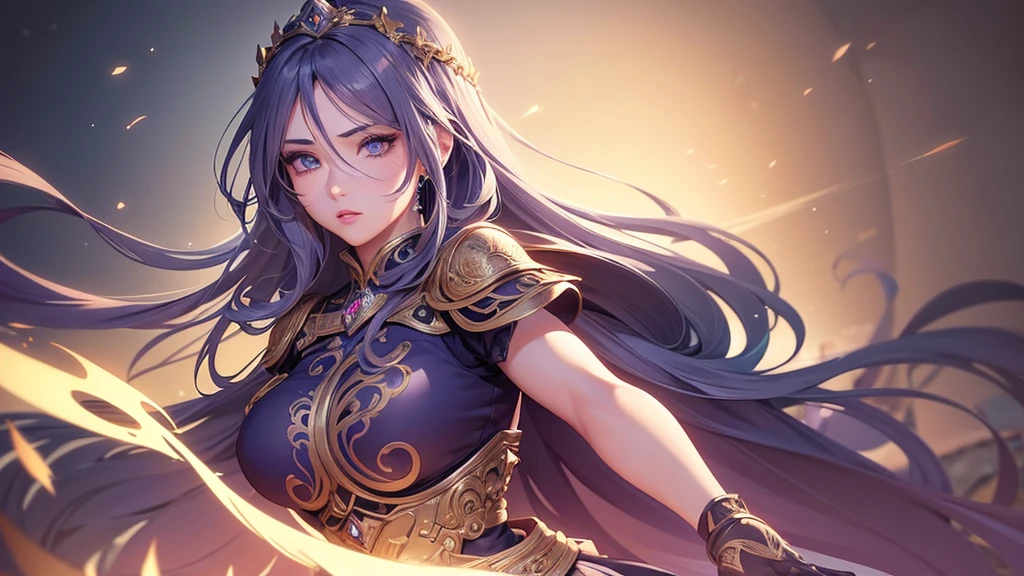 1girl, anime style, beautiful detailed eyes, beautiful detailed lips, extremely detailed face, long eyelashes, beautiful intricate hair, elegant pose, gorgeous detailed dress, Honor of kings video game, dynamic action scene, cinematic lighting, dramatic shadows, vibrant colors, digital art, hyperrealistic, 8k, highest quality, masterpiece