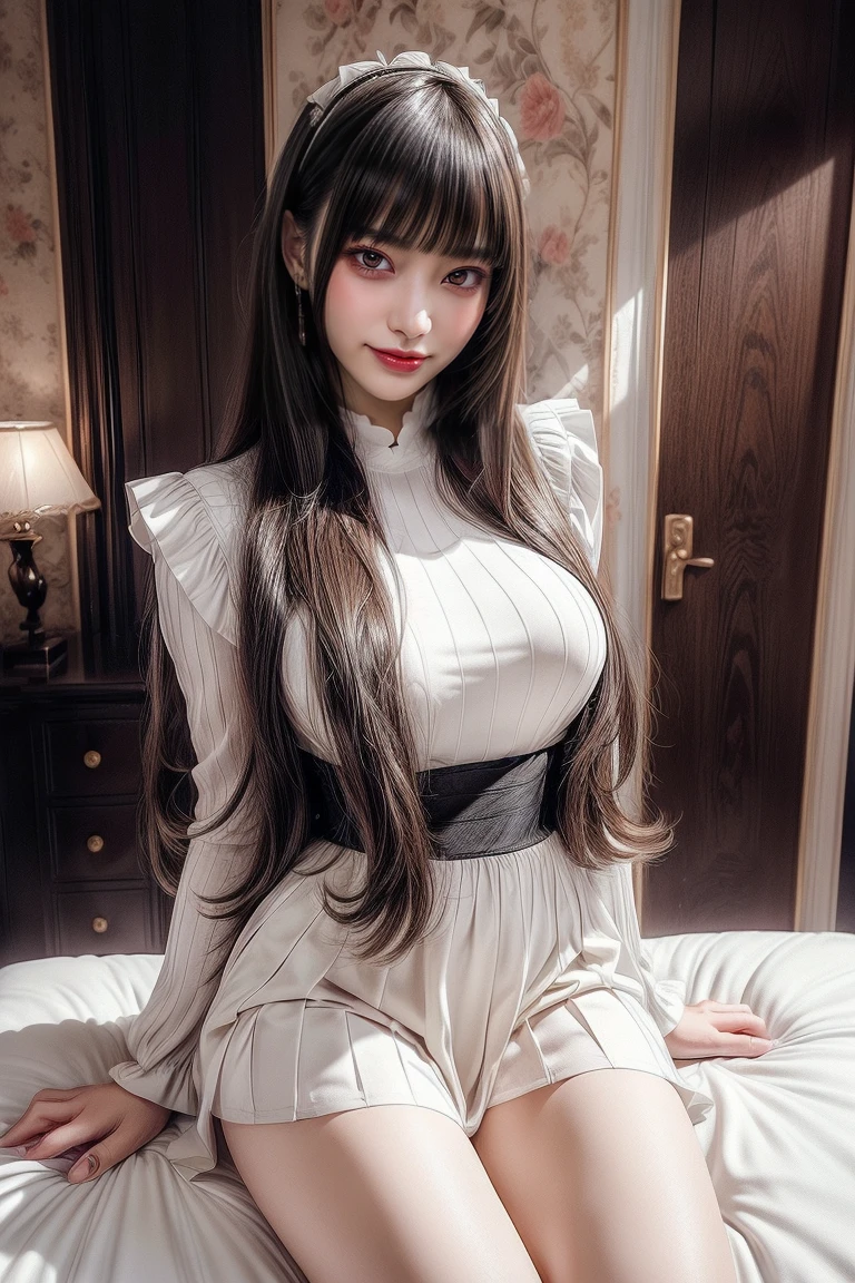 ,(((Blunt bangs, Princess Bang))), (((Very heavy,Voluminous bangs:1.1))),(((very long, Very heavy,Very voluminous side locks:1.1))),, Hime cut, Straight bangs hairstyle, People with round faces and plain bangs, Long hair and plain、Bangs cut straight,(masterpiece, Highest quality:1.5), (Ultra-fine 8K CG:1.4), (hyperRealistic:1.25), (PhotoRealistic:1.25), (Realistic:1.4), Cowboy Shot, (Look Up:1.35), (From the front 1.4), (smile1.3),
A beautiful Japanese woman, 19 years old, Supermodel, Japanese Idols, (smile), Large Breasts, Sweaty skin,
(maid outfit costume uniform:1.1), Pussy, Anal, (Lying in bed:1.4), (behind:1.1), (Put your head on the pillow:1.1),
5 star hotel bed,
