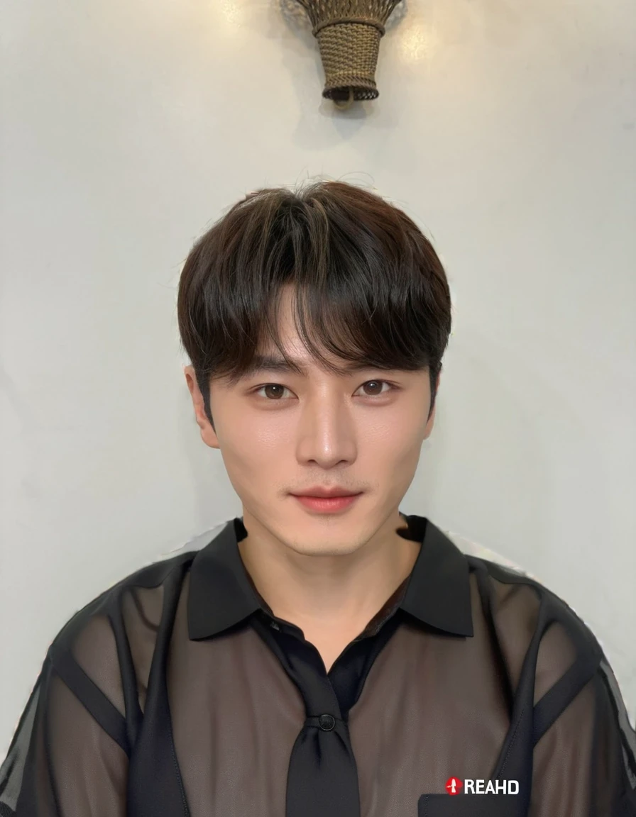 Best Quality, 8k, Masterpiece, (Portrait: 1.3), (photo realistic:1.4), (hyper realistic:1.4), Sharp Focus, looking at viewer, (smoother lighting:1.1), (increase cinematic lighting quality:0.9), realistic lighting, backlighting, light on face, ray trace, (brightening light:1.2), (Increase quality:1.4), sharp detail, (best quality real texture skin:1.4), finely detailed eyes, black_eyes, finely detailed face, 25 year old Korean woman, (black formal_shirt:1.4), (Create an image maintaining the original base model hairstyle:1.5)