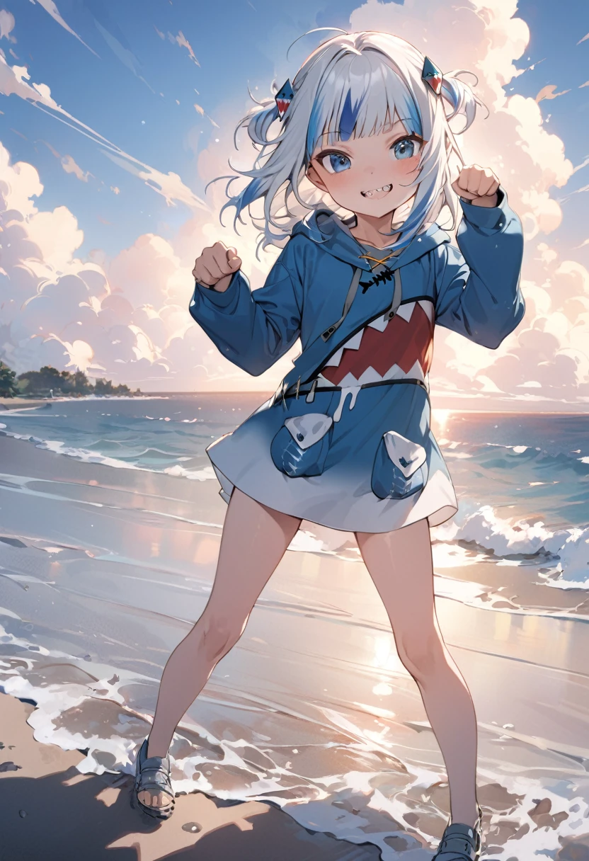 ((Gawr gura)), ((Masterpiece)), ((best quality)), (Anime:1.3), (super detail:1.2),(High Definition:1.3), (Professional Photography:1.2), Textured skin, cinematic lighting, (12 years old), (full body), 1girl, (Cute teenage beautiful Girl), beautiful eyes, ((looking at another)), (Beautiful daiamond eyes:1.5), Pale silver hair, outside curl hair, medium hair, ((jagged teeth)), naughty smile, (Open mouth wide), ((pure blue hoodie)), Slender body, small breasts, Beautiful small breasts, BREAK, ((best quality)), (super detail:1.2), (full body), ((paw pose)), (loose standing on the shoreline at dawn), cumulonimbus cloud, summer day, (super detail), (sharp focus), (perfect light), gawr gura,