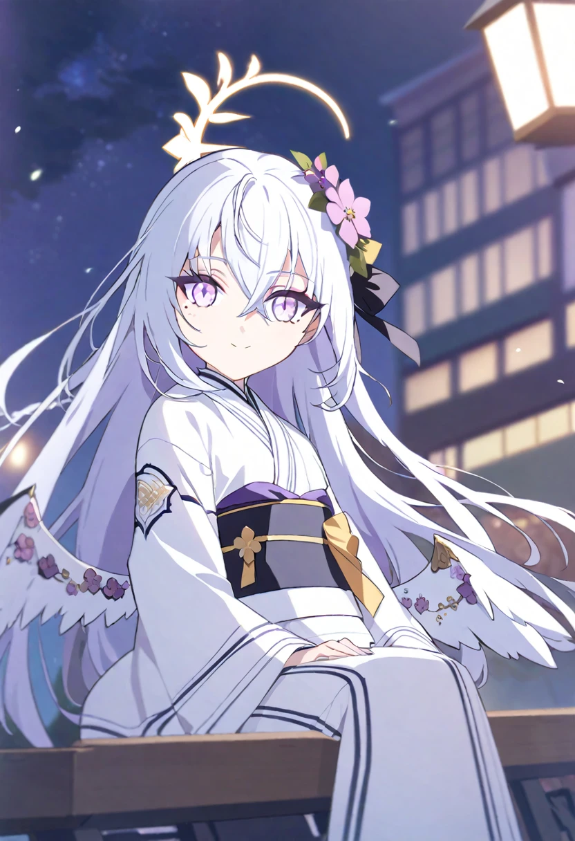 azusa \(blue archive\),1girl alternate_costume alternate_hairstyle angel_wings bench blurry braid braided_bun building depth_of_field feathered_wings flower hair_between_eyes hair_bun halo japanese_clothes kimono lamppost long_hair long_sleeves looking_at_viewer night night_sky obi obiage park park_bench purple_eyes sash sidelocks single_hair_bun sitting sky skyline skyscraper solo star_(sky) starry_sky stuffed_toy tree v_arms white_hair white_wings wide_sleeves wings yukata smile