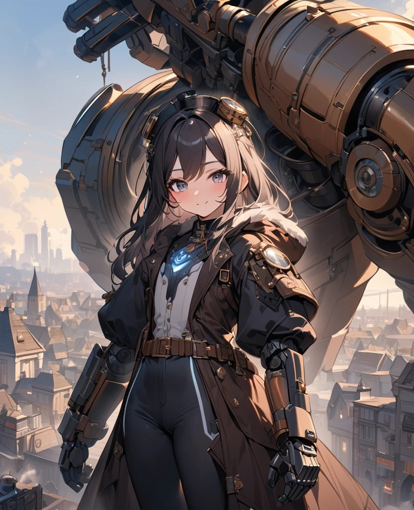 (Ultra high-resolution masterpiece, best quality, ultra-detailed representation) , (a ten girl wearing a large mechanical arm) and a powered suit, cute,as she protects the city. The girl should have a brave and determined expression. The background should depict a steampunk cityscape with steam engines and gears. The mechanical arm and powered suit should have intricate mechanical details, and visible steam emissions,set in a steampunk world,BREAK.,smile,dynamic action,