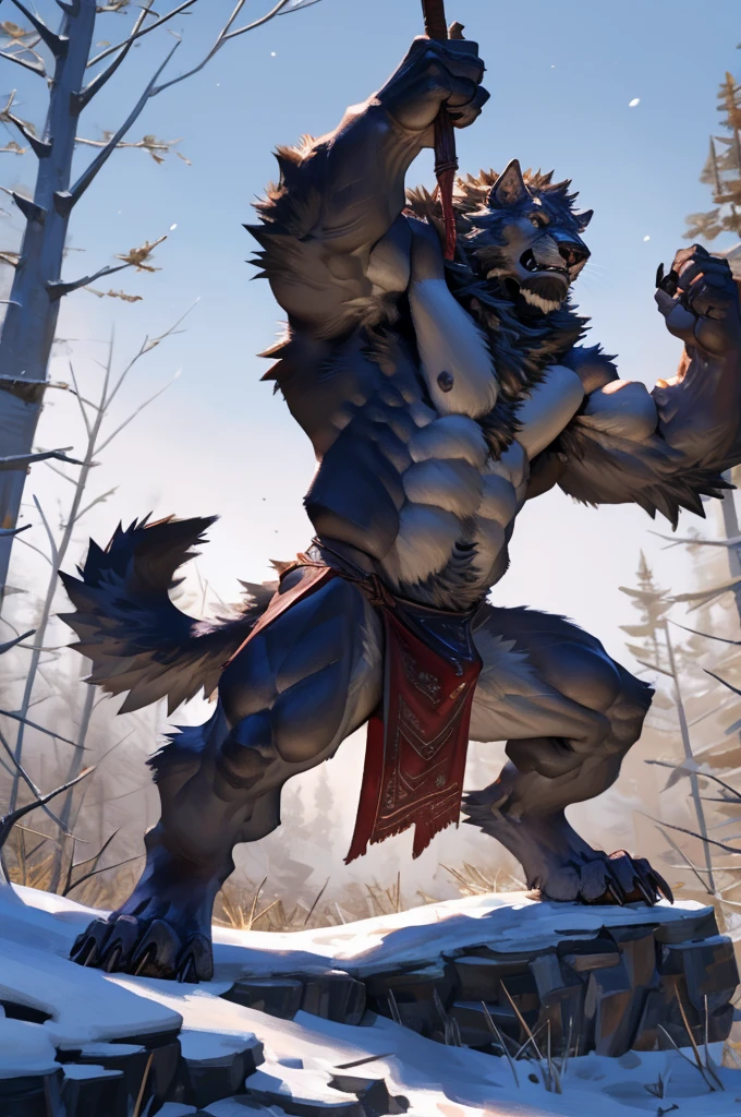 By Taran fiddler, solo, werewolf, matted fur, wearing loin cloth, loin cloth draped over penis, naked, looking feral, penis poking out of loincloth, erect penis (knot), precum dripping, snowy background, wooded area, dynamic angle, dynamic poses