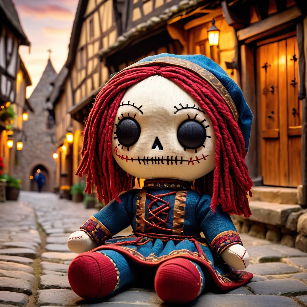 (knitted toy voodoo doll:1.5), (Voodoo Doll in a Medieval Town:1.3), (Clothing: townsperson attire with rustic patterns:1.0), (Accessories: enchanted market stall emitting warm light, floating trade goods:1.1), (background: bustling medieval town with cobblestone streets, half-timbered houses, and lively marketplaces:1.2), best quality, masterpiece, detailed soft oil painting, detailed background, dramatic cinematic lighting, soft edge lighting, professional, dramatic lighting, hard edge lighting, ultra quality, 4k,masterpiece, best quality, 8k, ultra highres, highres, extremely detailed