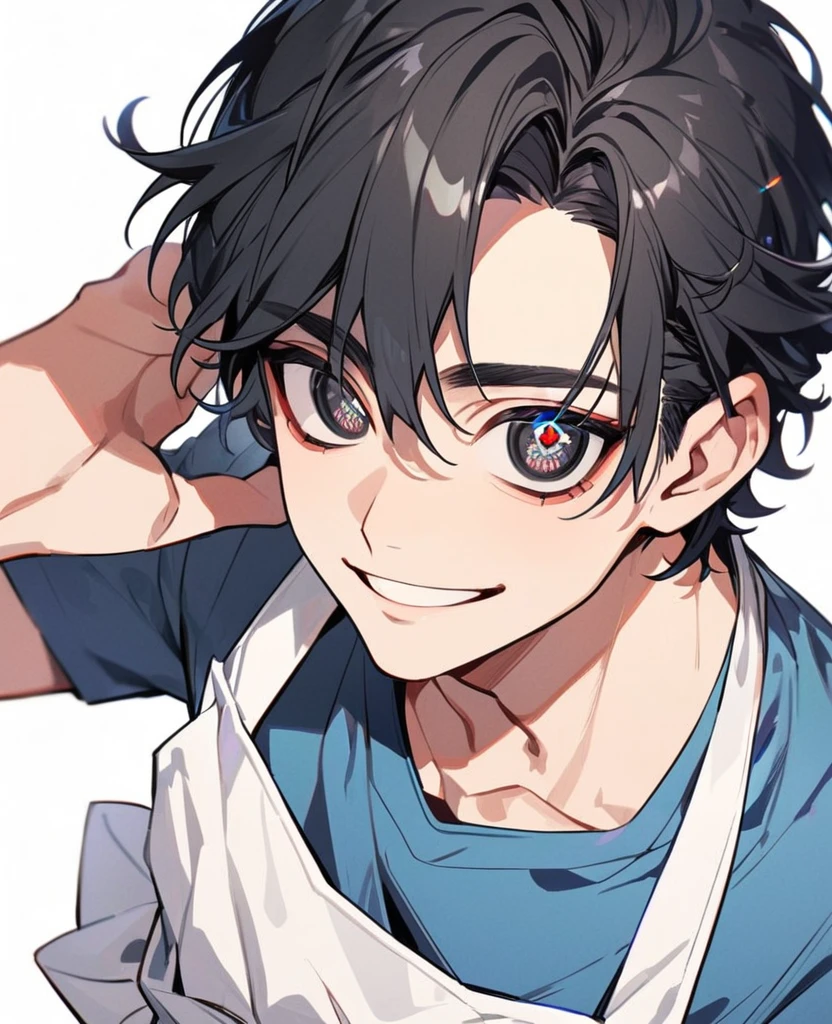 handsome, solo, 1 male, modern，Perfect face, extra detailed eyes，(black hair)，(sparkling black eyes)，simple background，look kind，blue t-shirt white apron，smiling