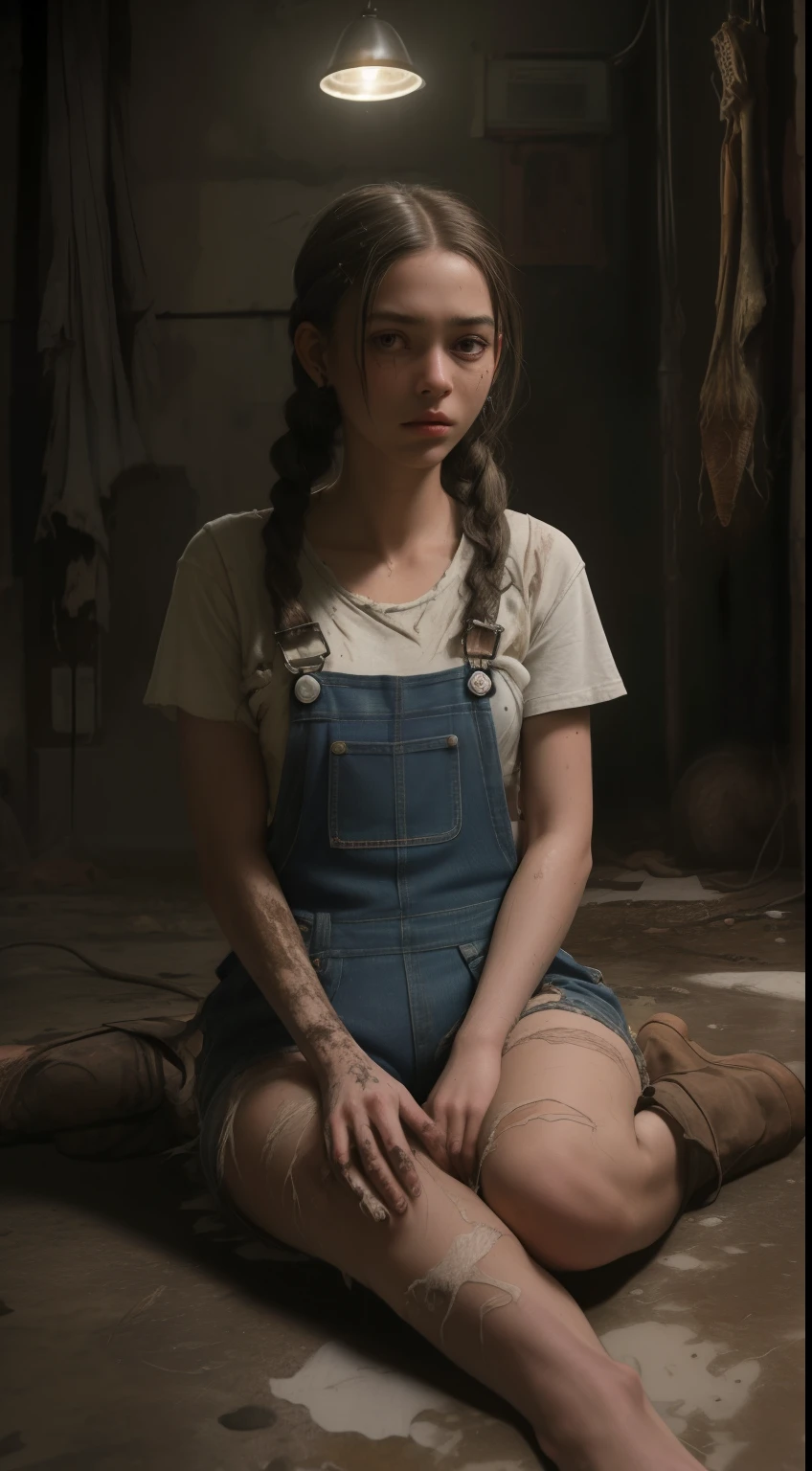 Foto no escuro de 1 Garota de 18 anos (( Dressed in torn and fallen overalls)),em um filme de terror apavorada ,brunette hair braids transparent dress ripped dirty, seios grandes,pele ferida, with a lamp in the dark (( sitting on the dirty floor full of rats )), The Dark of a Basement,8K Ultra realista