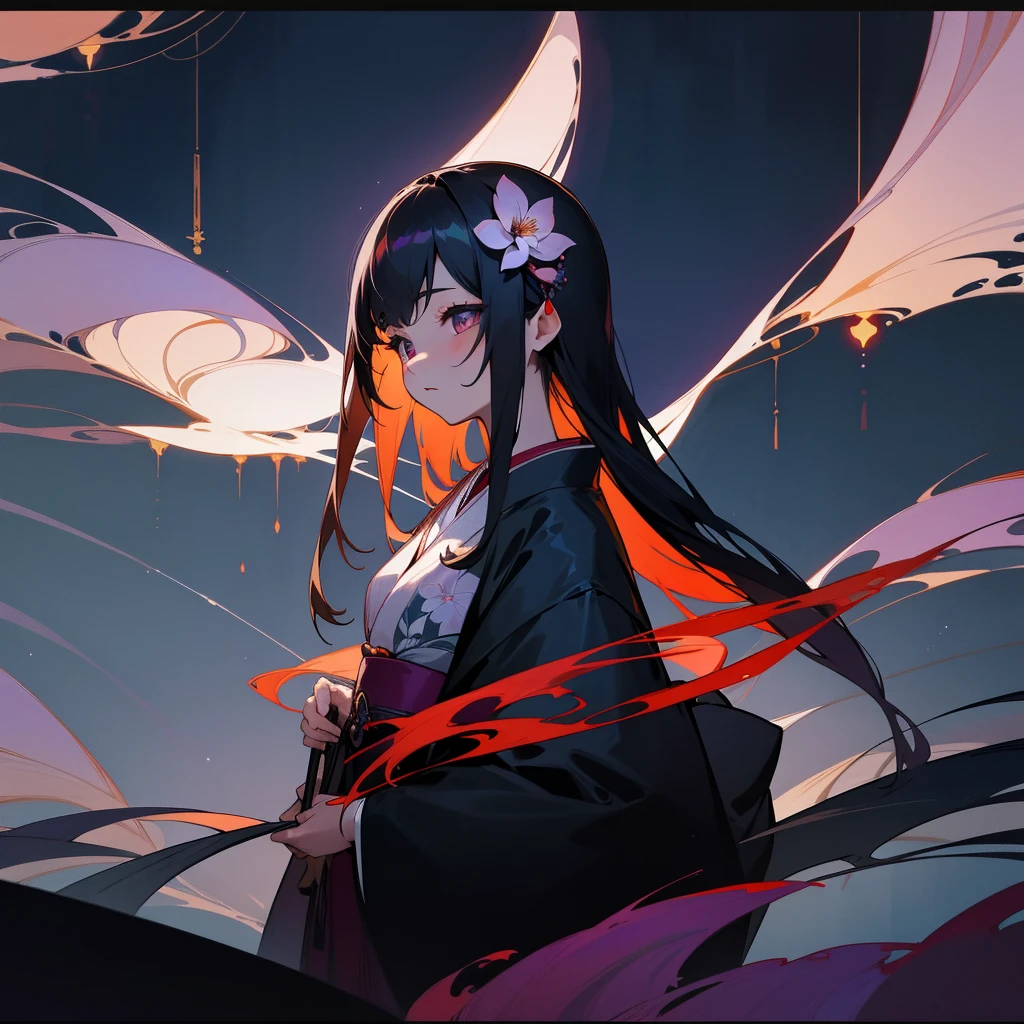 god々、Japanese clothing、woman、Floral、night、Best image quality、black、lover、black世界、Phalaenopsis orchid、Fantasy、Landscape painting