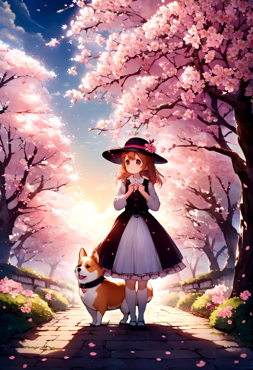 A Corgi dog dressed in a cute dress and hat, standing upright beneath a cherry blossom tree. The surrounding area is filled with blooming cherry blossoms. The image style is soft, romantic, with a dreamy atmosphere, and a 3:4 aspect ratio.
