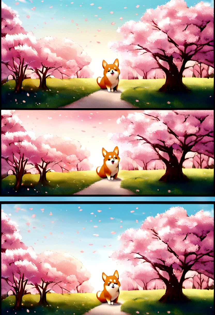 A Corgi dog dressed in a cute dress and hat, standing upright beneath a cherry blossom tree. The surrounding area is filled with blooming cherry blossoms. The image style is soft, romantic, with a dreamy atmosphere, and a 3:4 aspect ratio.