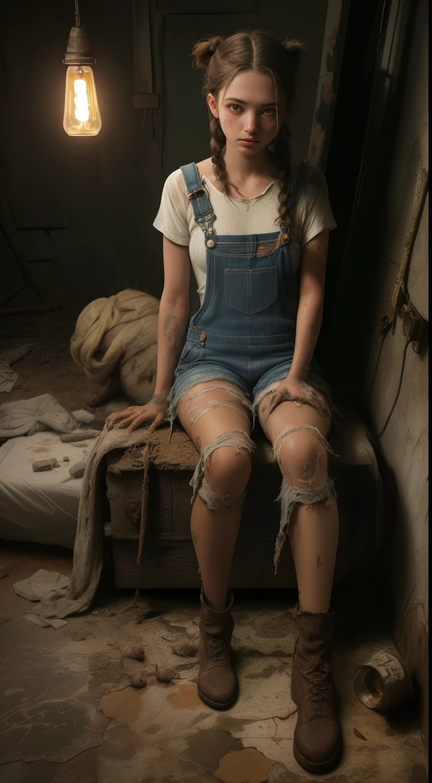 Foto no escuro de 1 Garota de 18 anos (( Dressed in torn and fallen overalls)),em um filme de terror apavorada ,brunette hair braids transparent dress ripped dirty, seios grandes,pele ferida, with a lamp in the dark (( sitting on the dirty floor full of rats )), The Dark of a Basement,8K Ultra realista