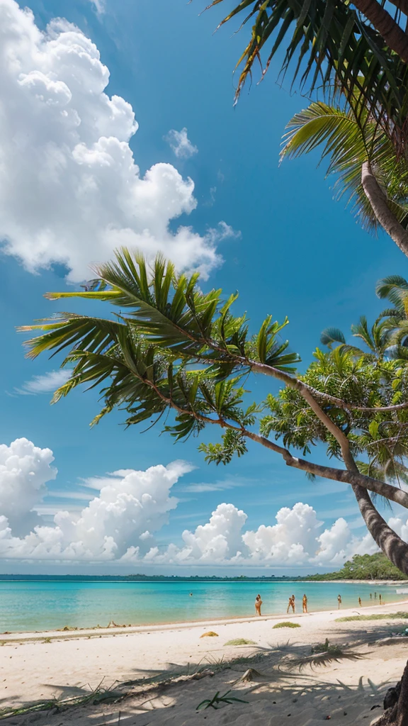 Create an image of a beautiful tropical landscape, with the main focus on pandan trees (genus *Pandanus*). Picture a calm beach with white sand, clear blue sea water, and the sky is clear. The special pandan tree with its long green leaves thrives by the beach, its roots spread over the sand. Add details like sina
