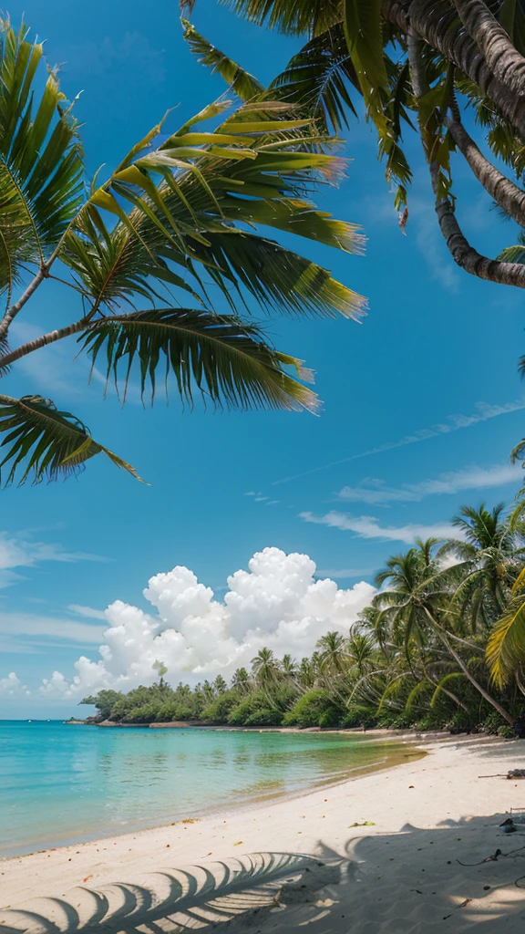 Create an image of a beautiful tropical landscape, with the main focus on pandan trees (genus *Pandanus*). Picture a calm beach with white sand, clear blue sea water, and the sky is clear. The special pandan tree with its long green leaves thrives by the beach, its roots spread over the sand. Add details like sina