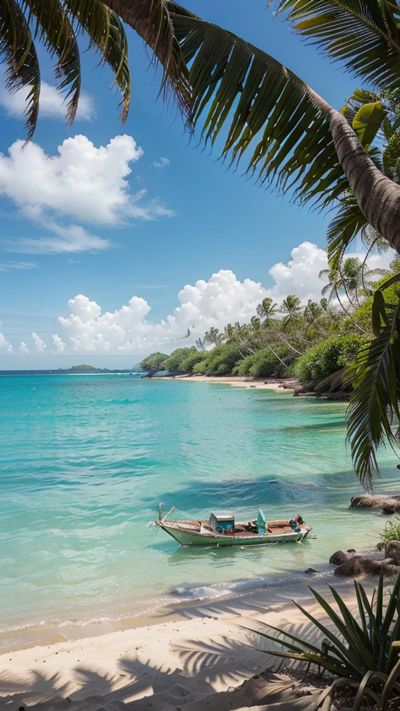Create an image of a beautiful tropical landscape, with the main focus on pandan trees (genus *Pandanus*). Picture a calm beach with white sand, clear blue sea water, and the sky is clear. The special pandan tree with its long green leaves thrives by the beach, its roots spread over the sand. Add details like sina