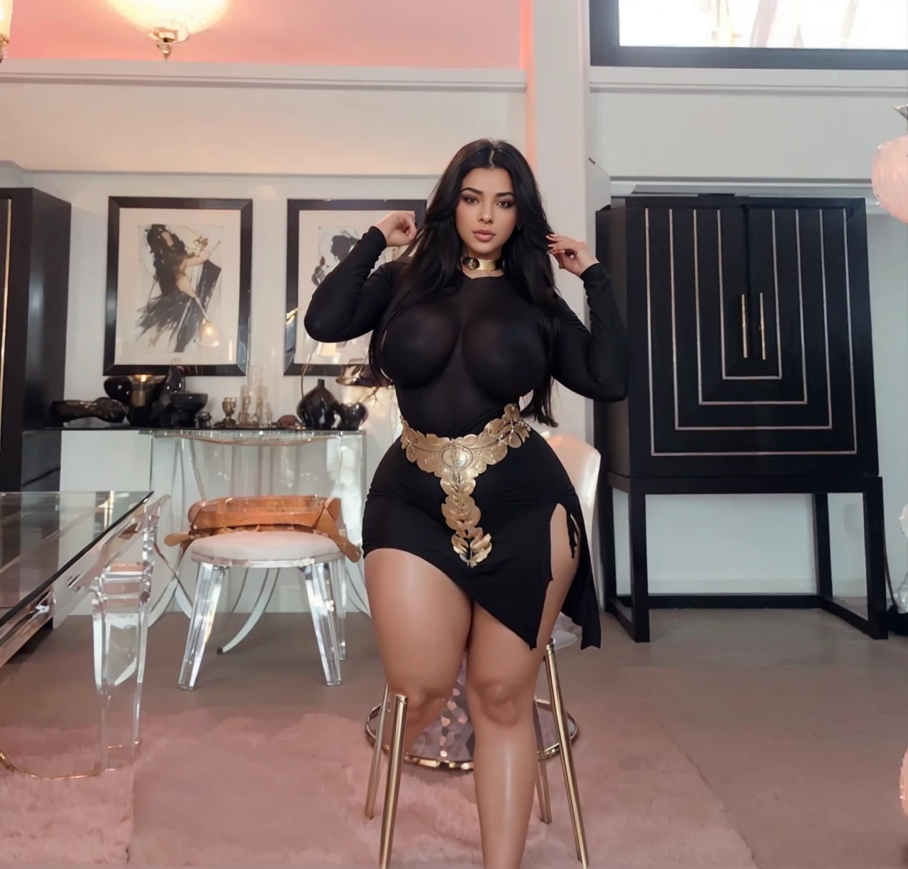 Arabic Woman, beautiful, sexy girl, ultra realistic, young woman, large ass, big bouncy ass, very sexy, Alluring, Tempting, high camera angle, skinny curvy
Egyptian girl, long hair down to waist, eyes closed shut, darker skin, black nail polish, hour glass figure, facing viewer, coal black eye shadow
Pleasure expression, short torso, pleasure facial expression, mouth open wide, dark black eyeliner, mascara, eyelids black, very long shiny straight black hair
Short upper body, Egyptian arab, facing viewer, woman looking up, thick thighs, plump lips, looking down at woman, eyes closed
Big soft ass, Egyptian, beautiful Arabic woman, slender face, amazing cheek bones, curvacious, vuluptuous woman, wide hips, thick voluptous thighs
A round gold pendant necklace
Romantic mansion fireplace background, lanterns, lit by lanterns, campfire lighting
Laying down beside the fireplace on a white fur rug
(Top view: 1.2)
High camera angle pointing downward at the subject
Very long shiny black hair down to waist
Darker skin tone
Long eyelashes
Very long straight shiny black hair down to hips
Wide hips, thin waist and fat thighs
Wide hips, thin waist, a fat round ass with cellulite, fat thighs
(Very short and curvy woman, very very short woman
Make woman 150 cm, 5ft tall)
Make womans stomach shorter in length, short abdomen
38 GG droopy breasts: 1.3
Short curvy cellulite body
(Very big natural sagging breasts, soft cellulite)
Plus size woman is very short in height and curvy
HEIGHT OF WOMAN IS 150CM, VERY SHORT IN HEIGHT
Very curvy hour glass shape, short and curvy, short legs, short abdomen and stomach
Very short woman
(gigantic breasts, large breasts, huge breasts:1.3)
Plus size woman, abit of cellulite all over body
Perfect cheek bones, sunken cheeks
Huge gigantic ass and wide hips
Soft and squishy breasts
Beautiful face, model look, plump full lips
Wearing a black choker
150 cm tall, woman is very short and curvy