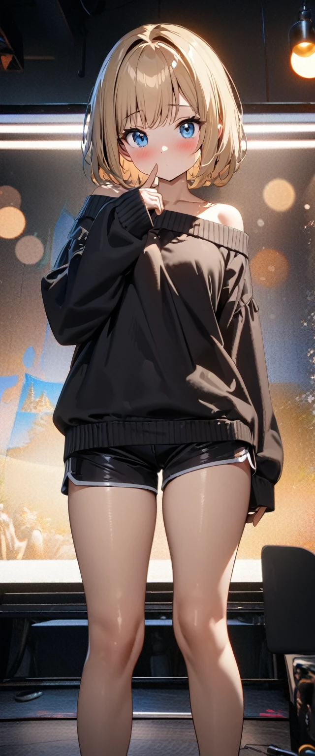 (((One girl))), blond hair, bob cut, breasts, from front, (cowboy shot), (looking at viewer), ((black shorts)), ((off-shoulder black sweater)), index finger to own mouth, arm at side, face in focus, teenager, head tilt:1.3, (((blue eye))), ((no mouth)), ((blush)), ((sleeves past wrists)), anime style, (best quality, 4k, 8k, highres, masterpiece:1.2, ultra-detailed, ultra-detailed eyes, HDR, UHD, studio lighting, ultra-fine painting, sharp focus, physically-based rendering, extreme detail description, professional, vivid colors, bokeh)