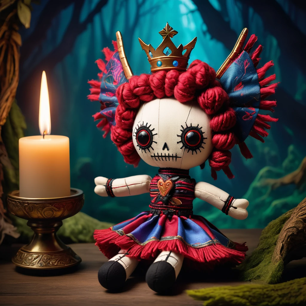 (knitted toy voodoo doll:1.5), (Voodoo Doll in a Distant Fantasy Kingdom:1.3), (Clothing: royal fantasy attire with majestic patterns:1.0), (Accessories: enchanted scepter emitting radiant light, floating magical creatures:1.1), (background: magnificent fantasy kingdom with towering castles, enchanted forests, and mythical beings:1.2), best quality, masterpiece, detailed soft oil painting, detailed background, dramatic cinematic lighting, soft edge lighting, professional, dramatic lighting, hard edge lighting, ultra quality, 4k,masterpiece, best quality, 8k, ultra highres, highres, extremely detailed