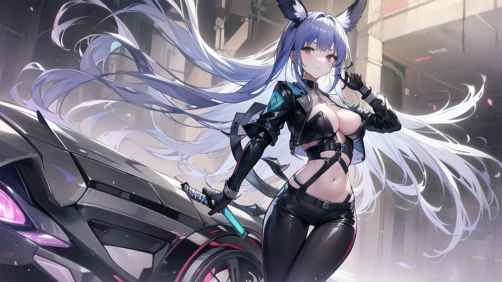 masterpiece, best quality, realistic, absurdres, perfect shadows and lighting, echanis_enicha, background, incredible high-key lighting, masterpiece, high quality, detailed, extremely detailed, ambient soft lighting, 4K, 1girl, alternate breast size, belly, breasts, big breasts, glowing, long hair, feathered bangs, bangs, feathered hair, navel, solo, armpits, simple background, futuristic, pale skin, gleaming skin, sweat, sweating, synthetic skin, thick, curvy, harness, crop top, halter, ((o-ring)), midriff, ahoge, looking at viewer, thigh highs, thigh strap, skindentation, navel, navel piercing, navel window, tight, cat ears, casual stance, android, artificial humanoid, underboob, boob window, skintight, cybernetic, smirking, varied color scheme, glowing eyes, reptilian tail, synthetic tail, thick tail, spiked tail, stretching, hands behind head, (navel tattoo:1.2), (thigh tattoo:1.2), (ear piercing:0.8)