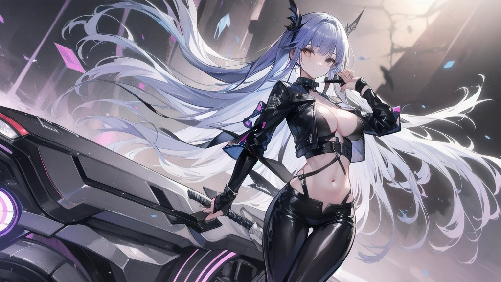 NSFM1.9. Showing Off Her 、naked、Show me that place、Touch there with your left hand、
One girl, top quality、masterpiece、Arc Records characters、Ariel、Wearing black pants、I can see her thighs、The belly button is visible、Wearing a black leather jacket、One Girl、Blue Hair、long hair、Holding a sword in his right hand、