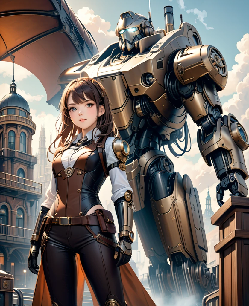 (Ultra high-resolution masterpiece, best quality, ultra-detailed representation) , (a tween girl wearing a large mechanical arm and a powered suit, cute),as she protects the city. The girl should have a brave and determined expression. The background should depict a steampunk cityscape with steam engines and gears. The mechanical arm and powered suit should have intricate mechanical details, and visible steam emissions,set in a steampunk world,BREAK.,smile,dynamic action,