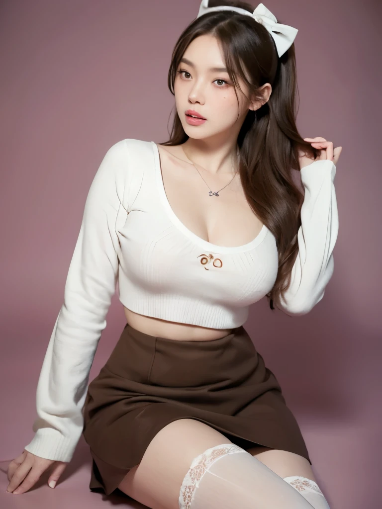 Kim Jennie with white brown hair, with curlers at the ends, with two bows on each side of the hair, all her white hair brown, with a star clip in her white brown hair, light colored eyes, Beautiful eyes, crying eyes, Beautiful, splash nose, watery nose, Beautifuls labios, pink lips, heart and cupid shaped lip, Beautiful skin, pale, White skin, with moles and freckles all over his face, soft pink blush on cheeks, natural pink blush, soft pink makeup, Jennie, Nice neck, marked collar, frown, tender look, with a kiss necklace, a Beautiful kiss necklace, similar a Yumeko Jabami, while using a YK2 Crochet, woolen, with a YK2 style brown miniskirt, while wearing stockings, secretary stockings, medias sexy, while having a bare abdomen, Delgado, marked and Beautiful, (big breasts, soft breasts, Beautifuls pechos), while she cosplays the character Yumeko Jabami, The anime Kakegurui., looking to the camera